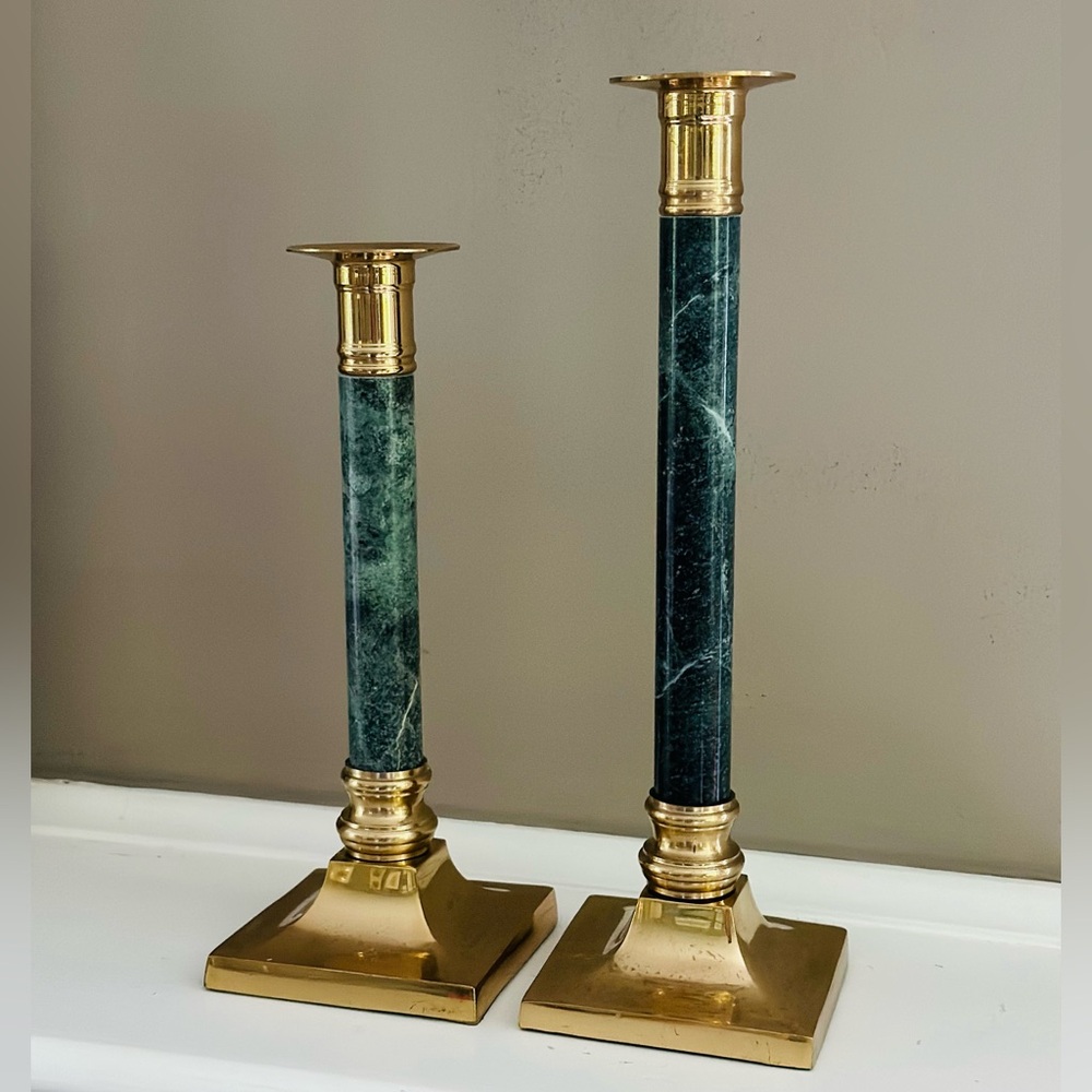 GREEN SALE 🍀 Vintage green marble and brass candlestick holders